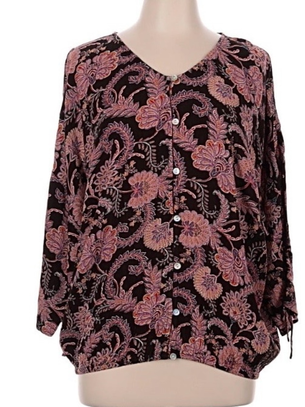 J. Jill 100% Viscose Button-Front Blouse with Pink & Black Floral Paisley
